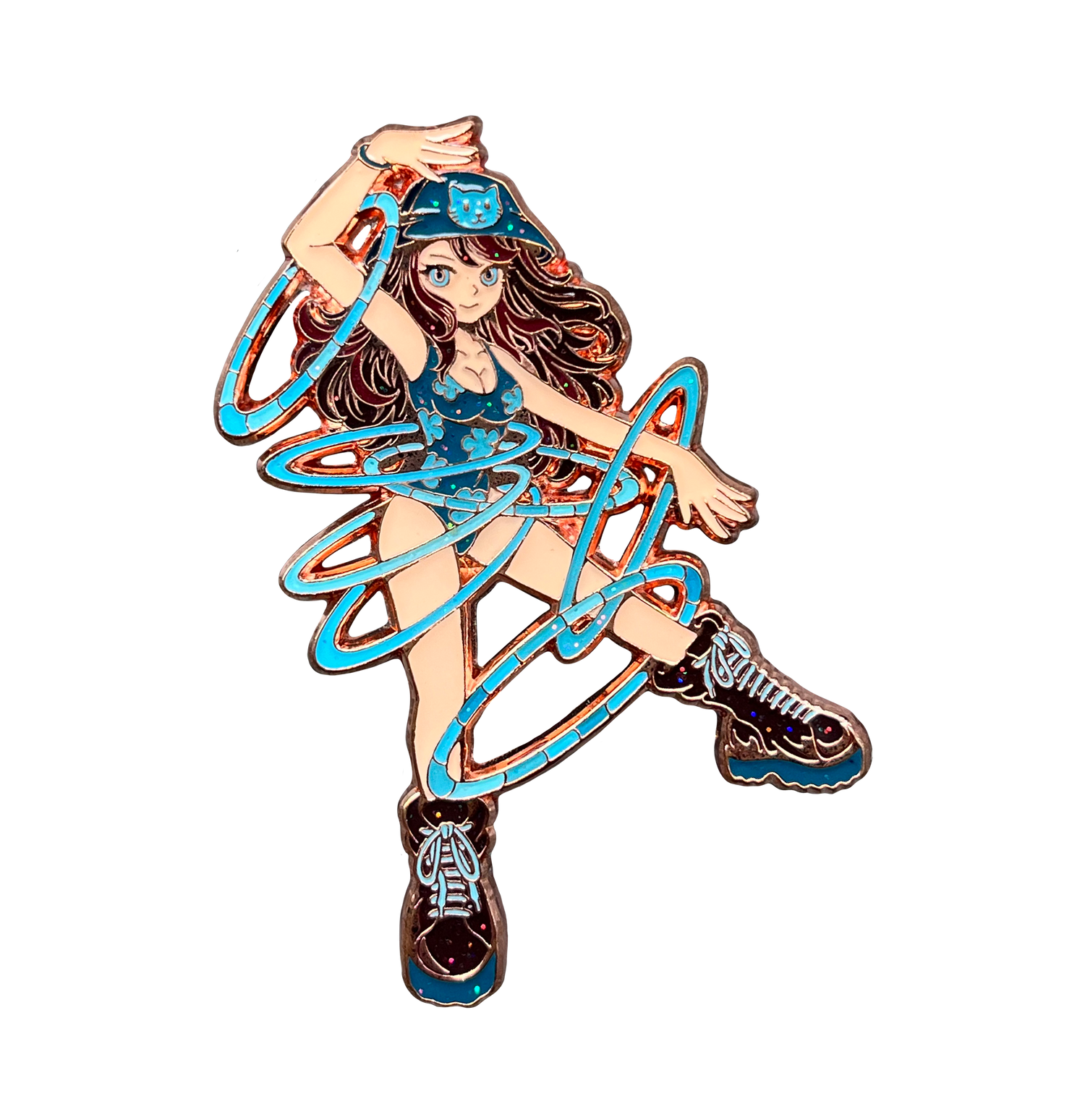 Enamel pin of an anime-style girl in a blue outfit with glowing hoops swirling around her.