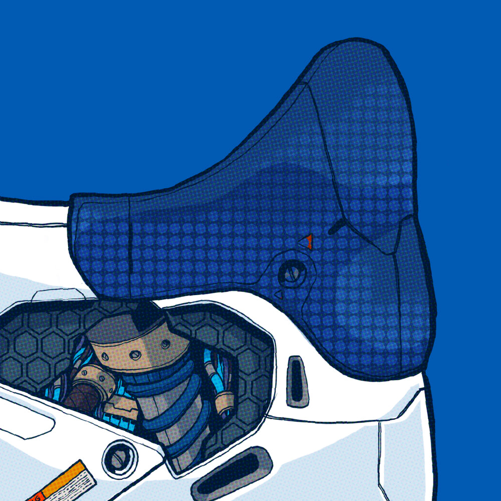 Close up of the back of a sneaker illustration on a blue background.