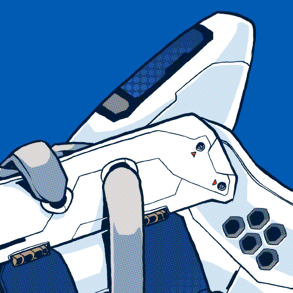 Close-up of a futuristic white and blue shoe design on a blue background