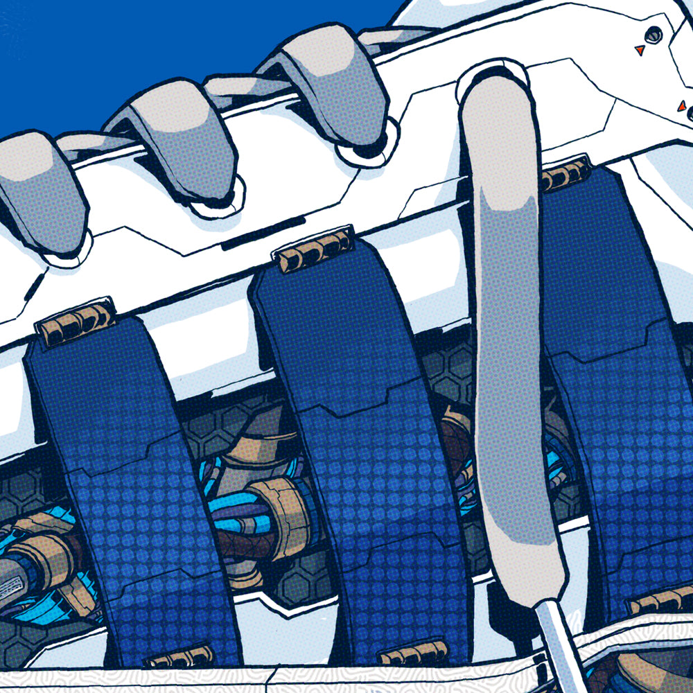 Close-up of a futuristic vehicle interior with blue seats and metallic design.