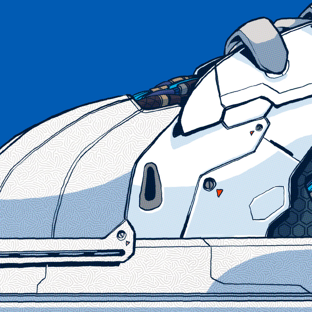 Close up of the back of a sneaker illustration on a blue background.