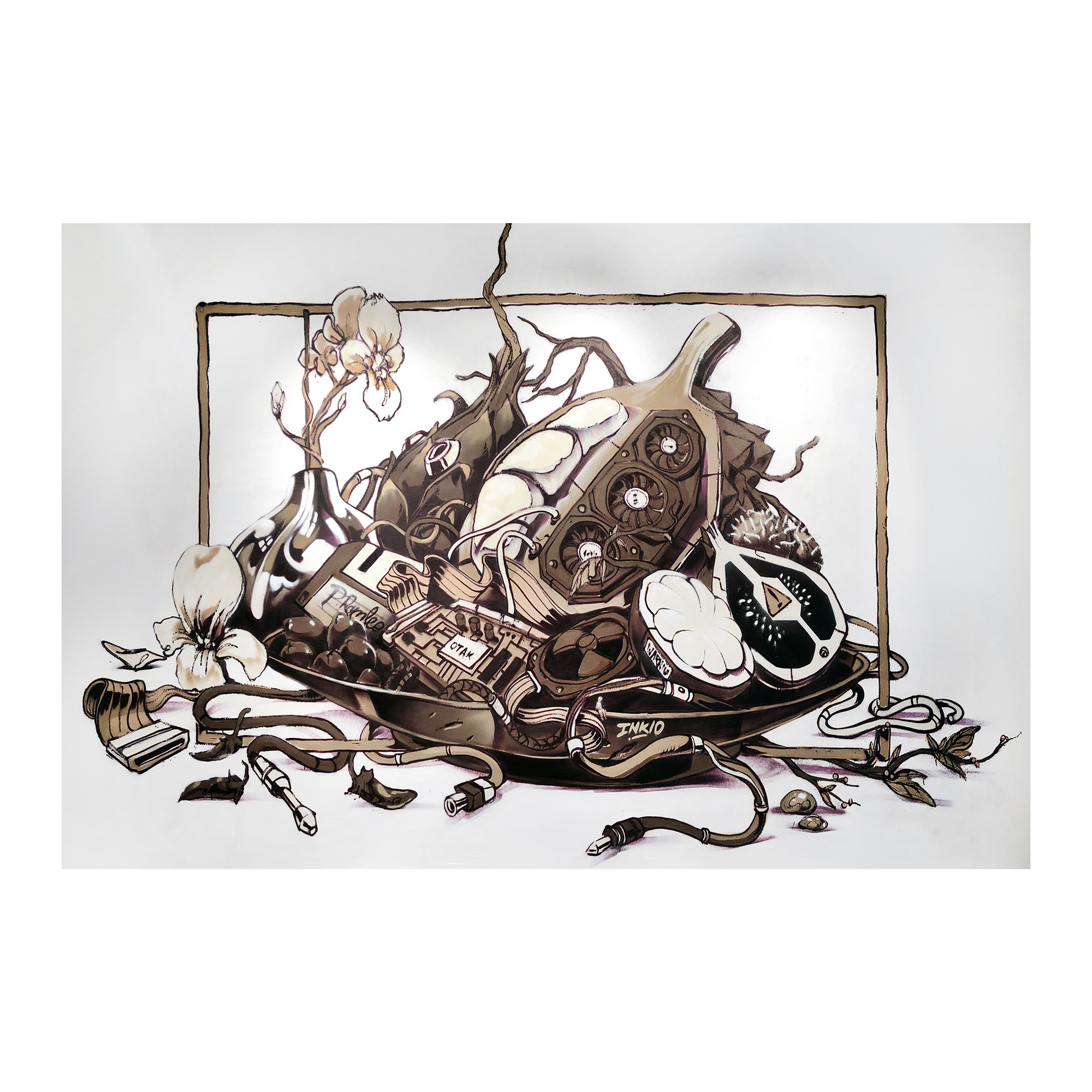 Artistic arrangement of vintage items including a camera, orchids, and other decorative objects on a white background.