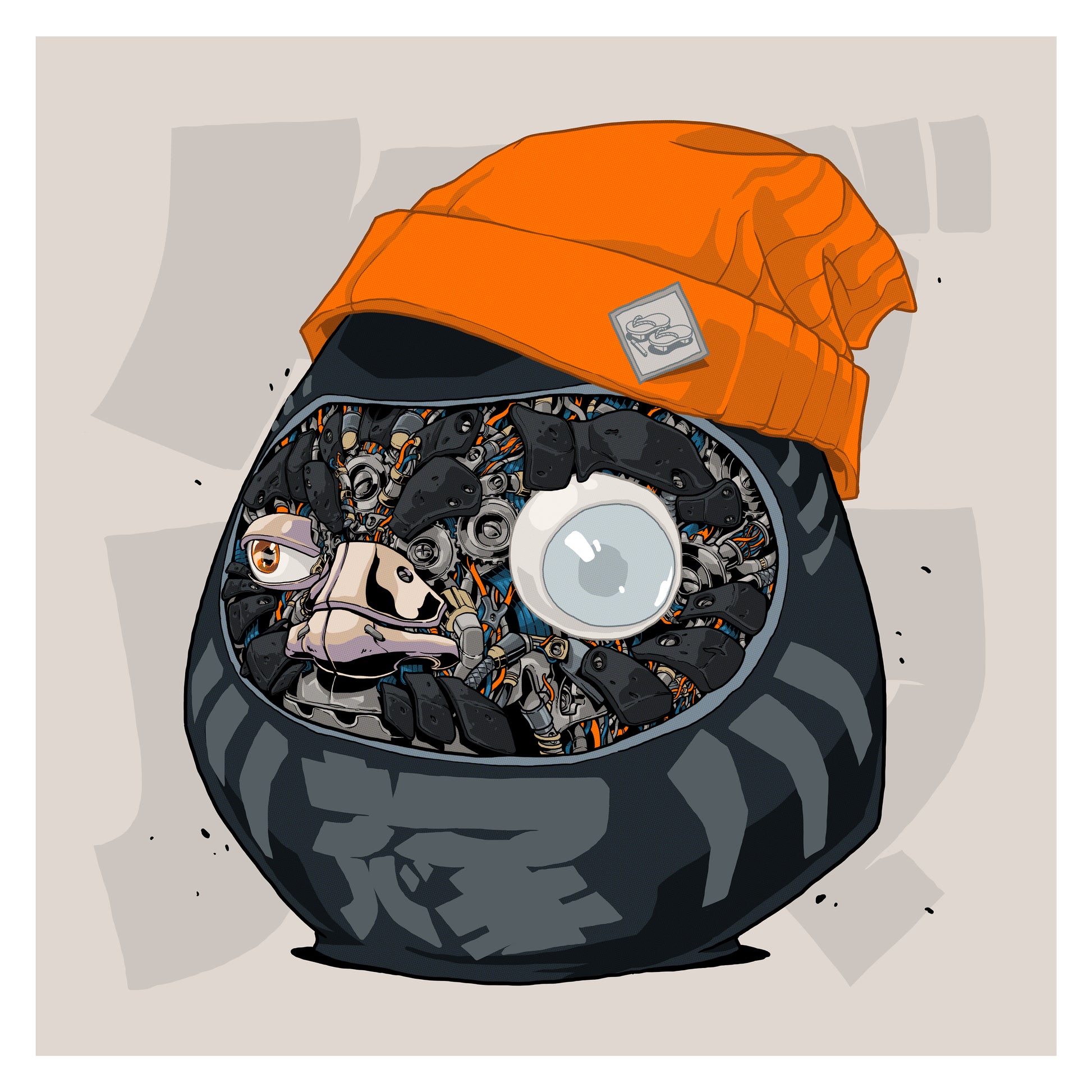 Illustration of a mechanical Daruma doll wearing an orange beanie on a light gray background