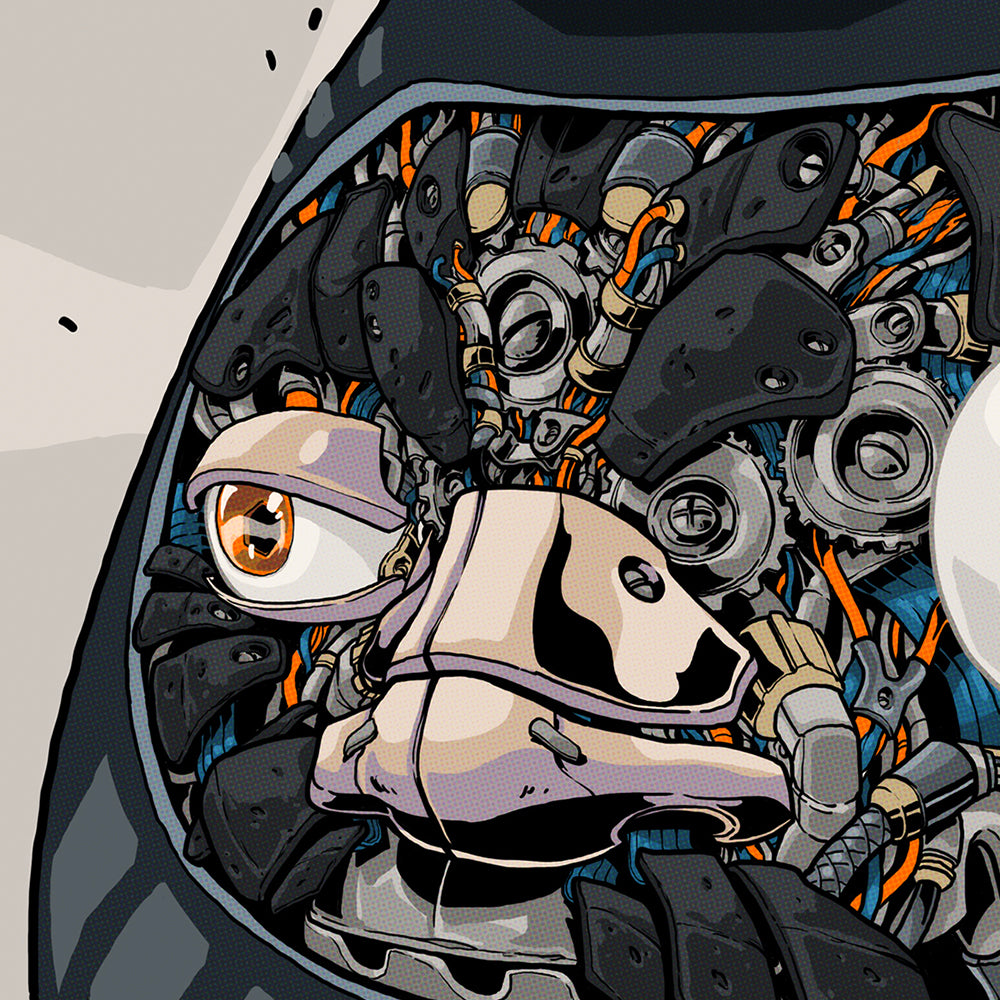 Close-up of a mechanical Daruma design with intricate details and a helmet-like structure.