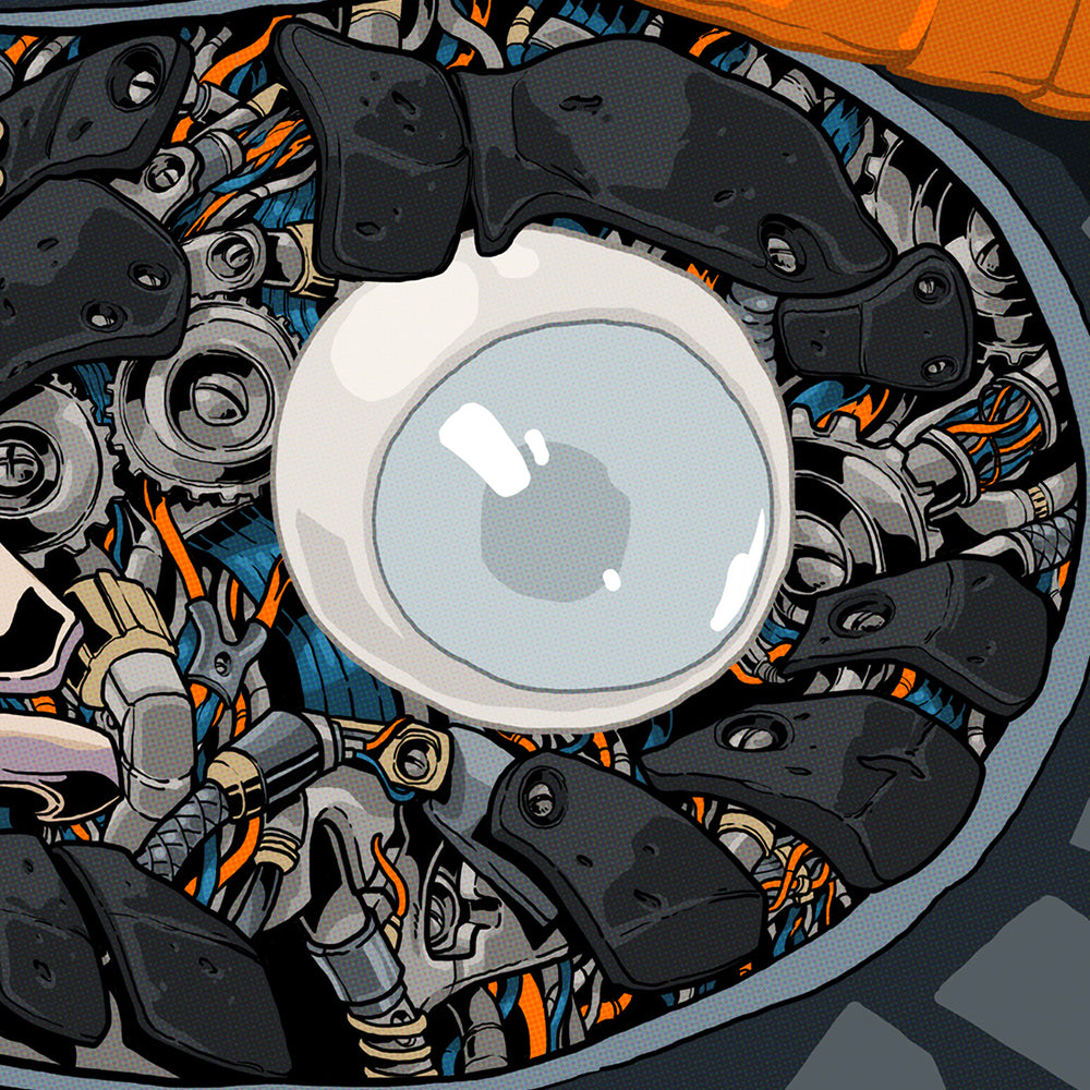 Close up of a Mechanical Daruma Doll showing eyeball and cables.