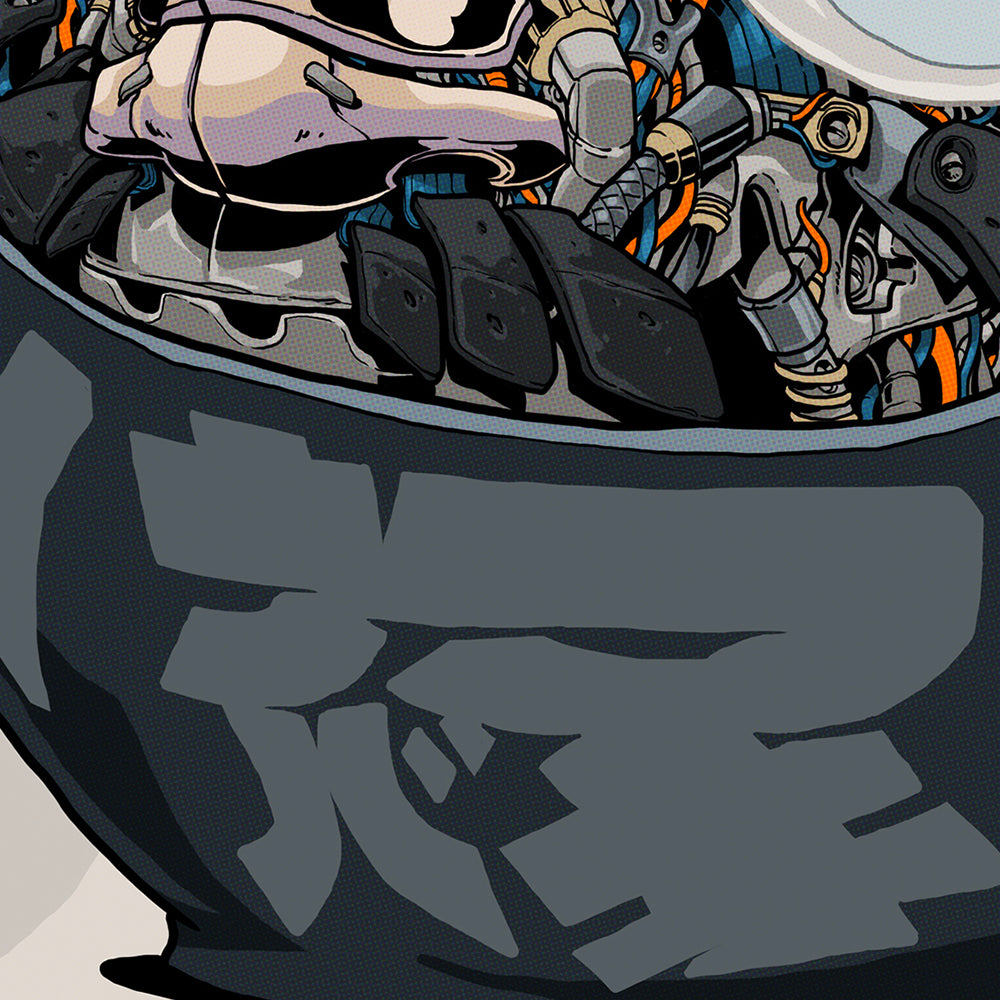 Close up of the gray bottom of a Mechanical Daruma design.