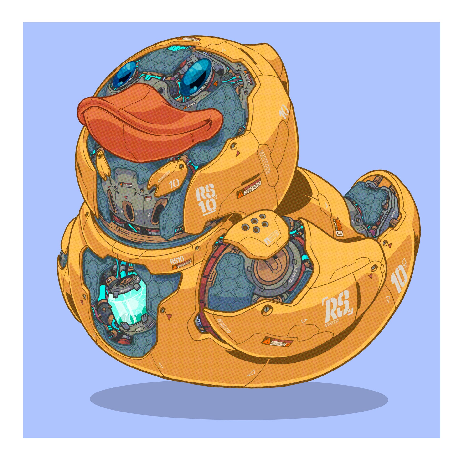 Illustration of a robot duck with a blue background