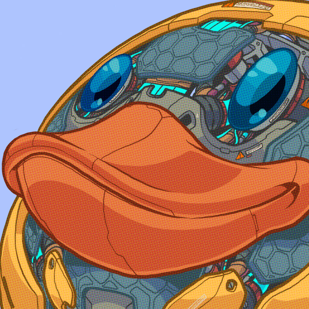 Close up of an Illustration of a robot duck with a blue background