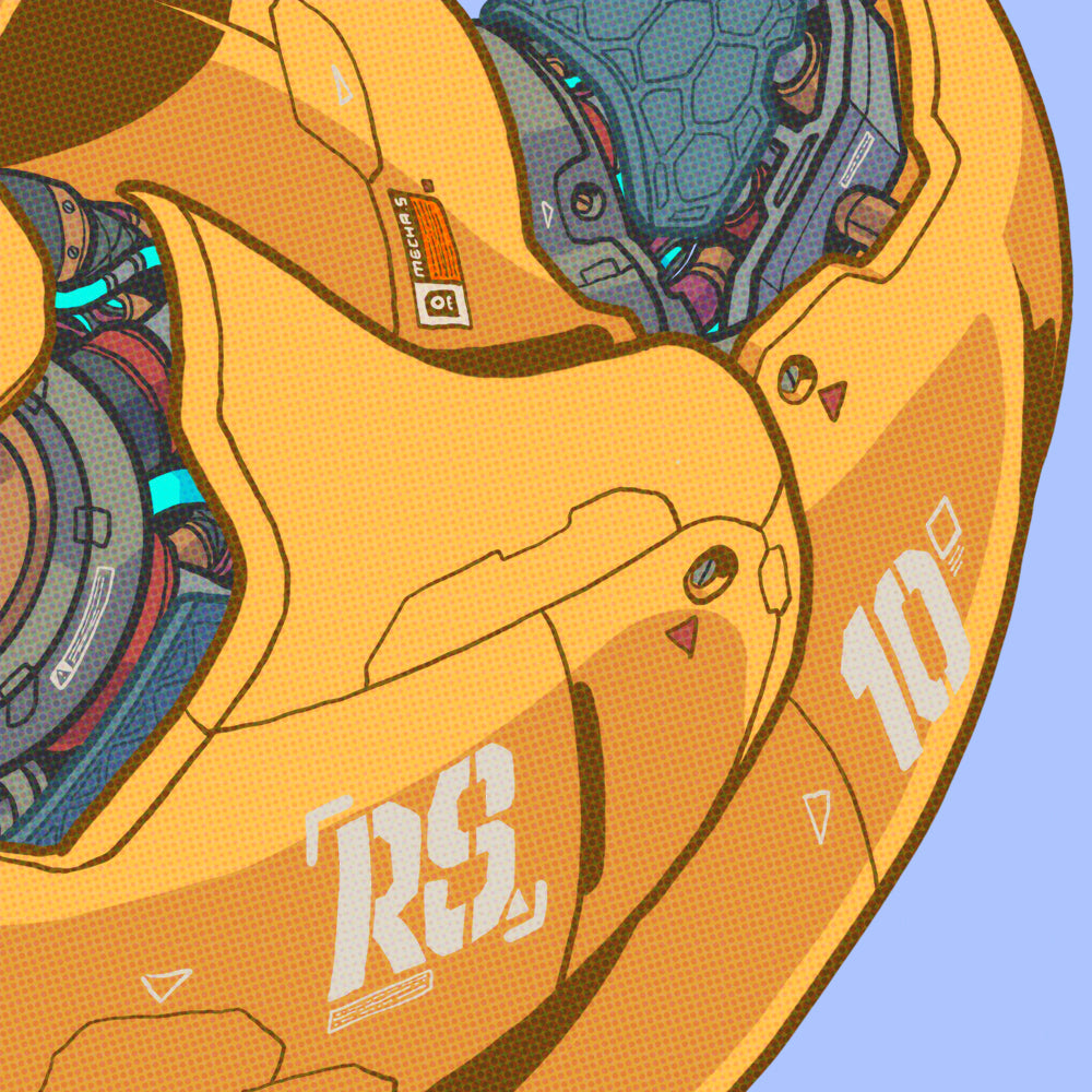 Close up of an Illustration of a robot duck with a blue background