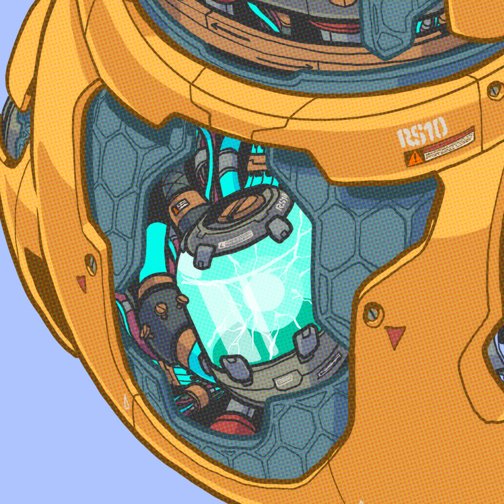 Close up of an Illustration of a robot duck with a blue background