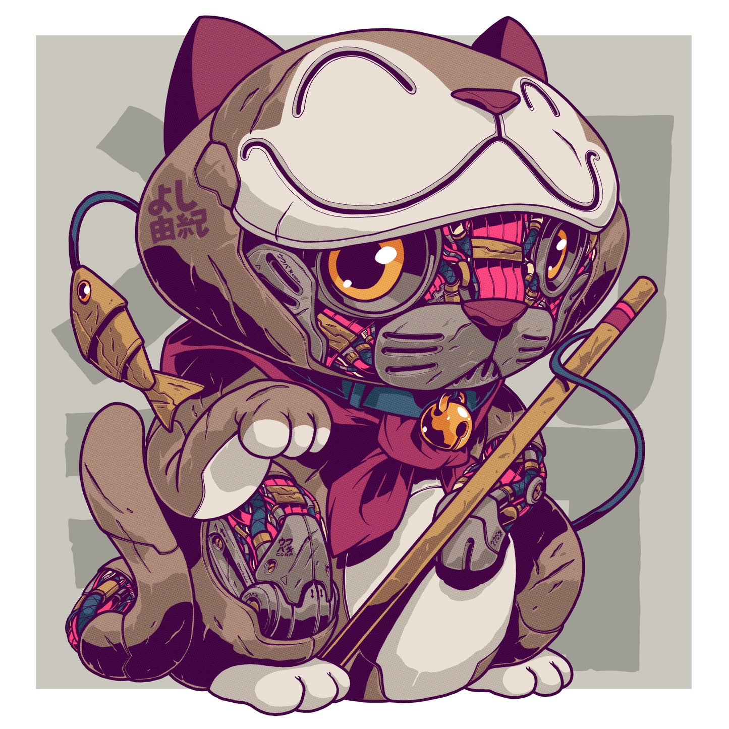 Mechanical character depicting a luky cat holding a fishing pole.