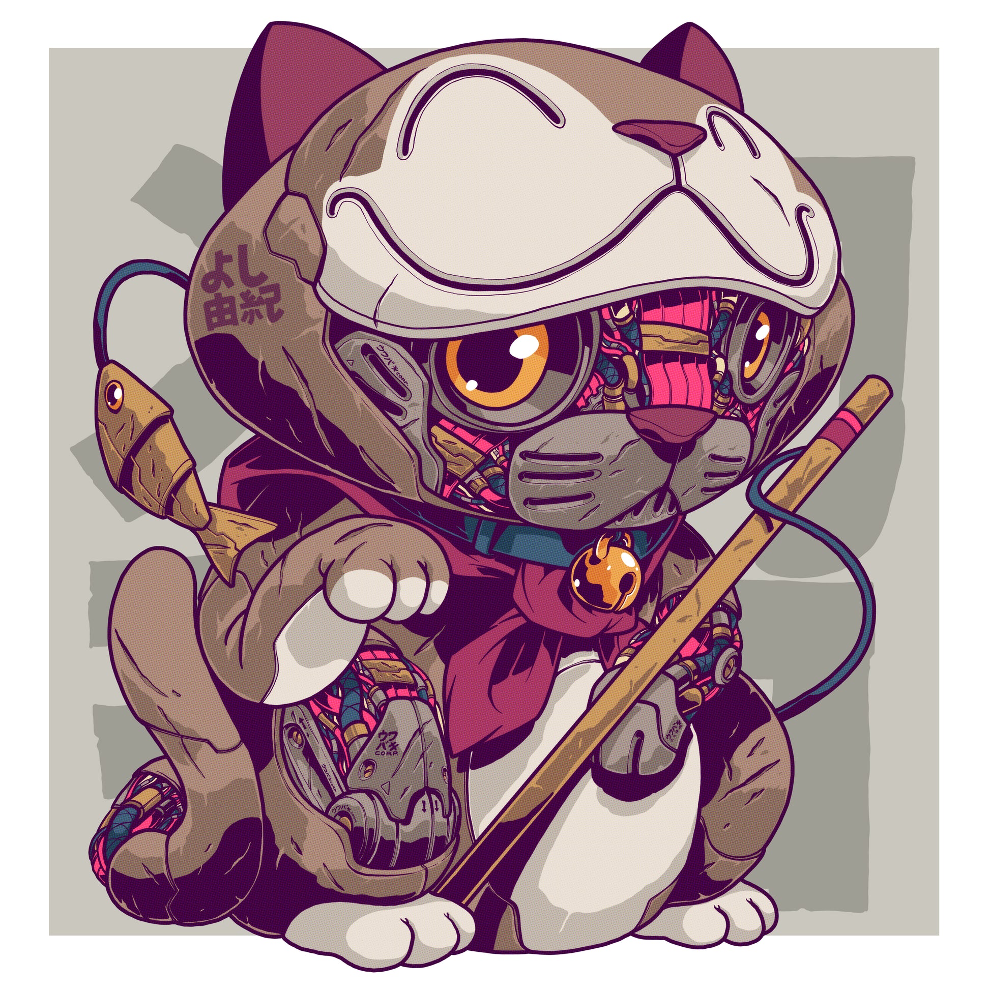 Mechanical character depicting a luky cat holding a fishing pole.