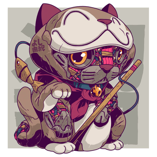 Mechanical character depicting a luky cat holding a fishing pole.