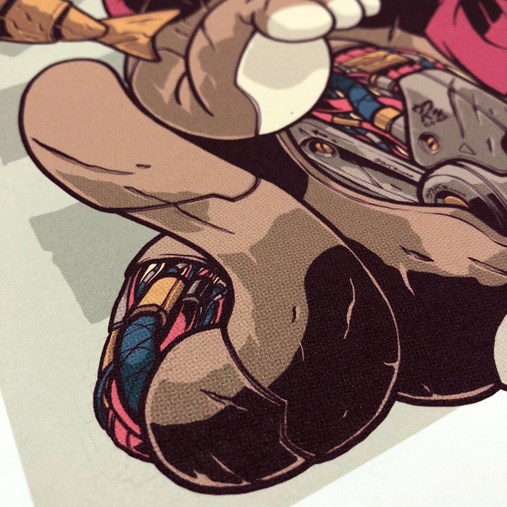 Close-up of a stylized, mechanical creature with a detailed design on a beige background