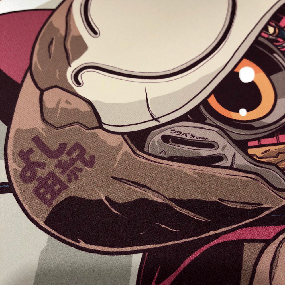 Close-up of a character wearing a helmet with intricate details and text.