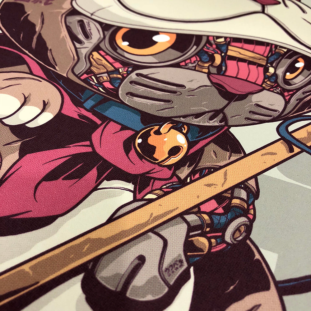 Illustration of a cat character with mechanical parts and a fishing pole on a light gray background