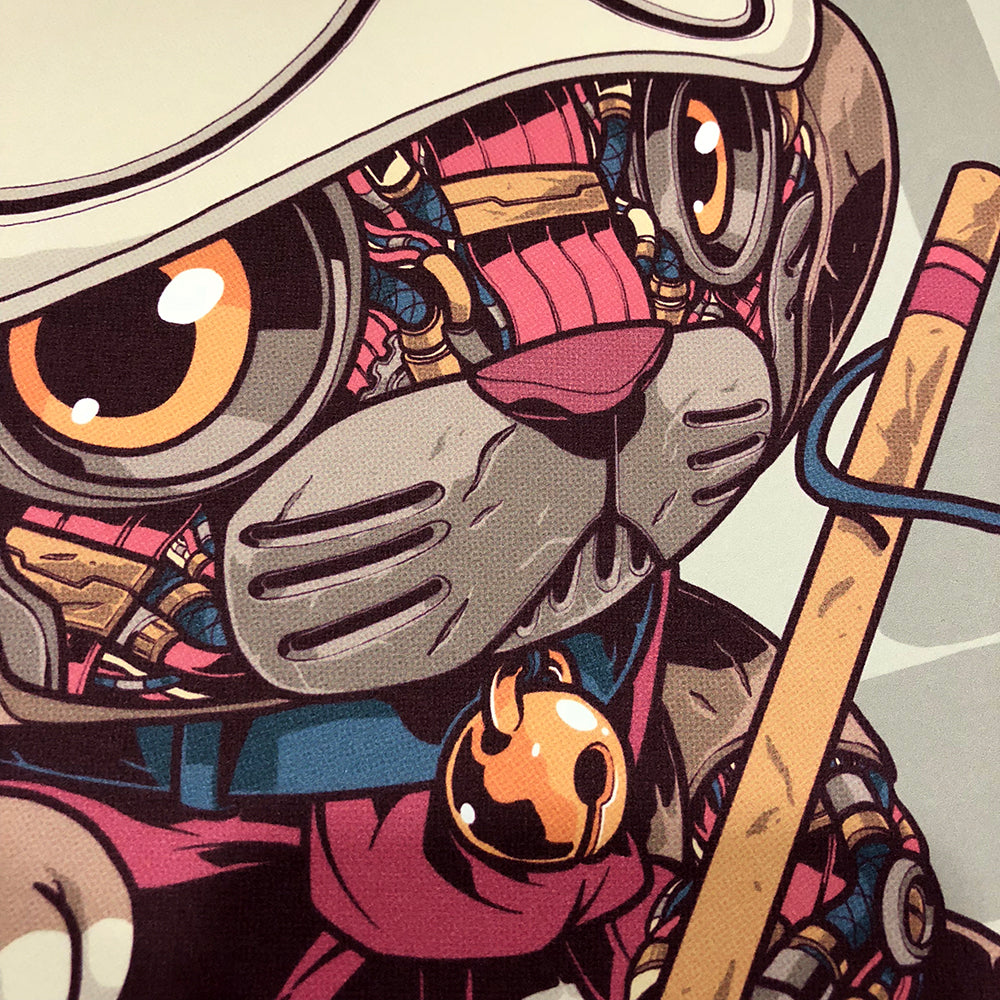 Illustration of a robot cat holding a fishing pole with a colorful design.