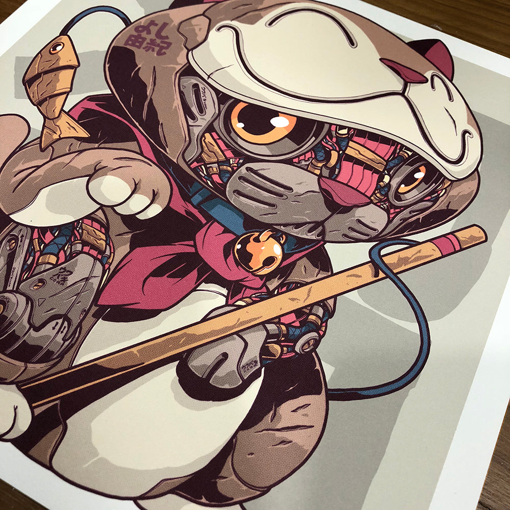 Close-up of a stylized, mechanical creature with a detailed design on a beige background