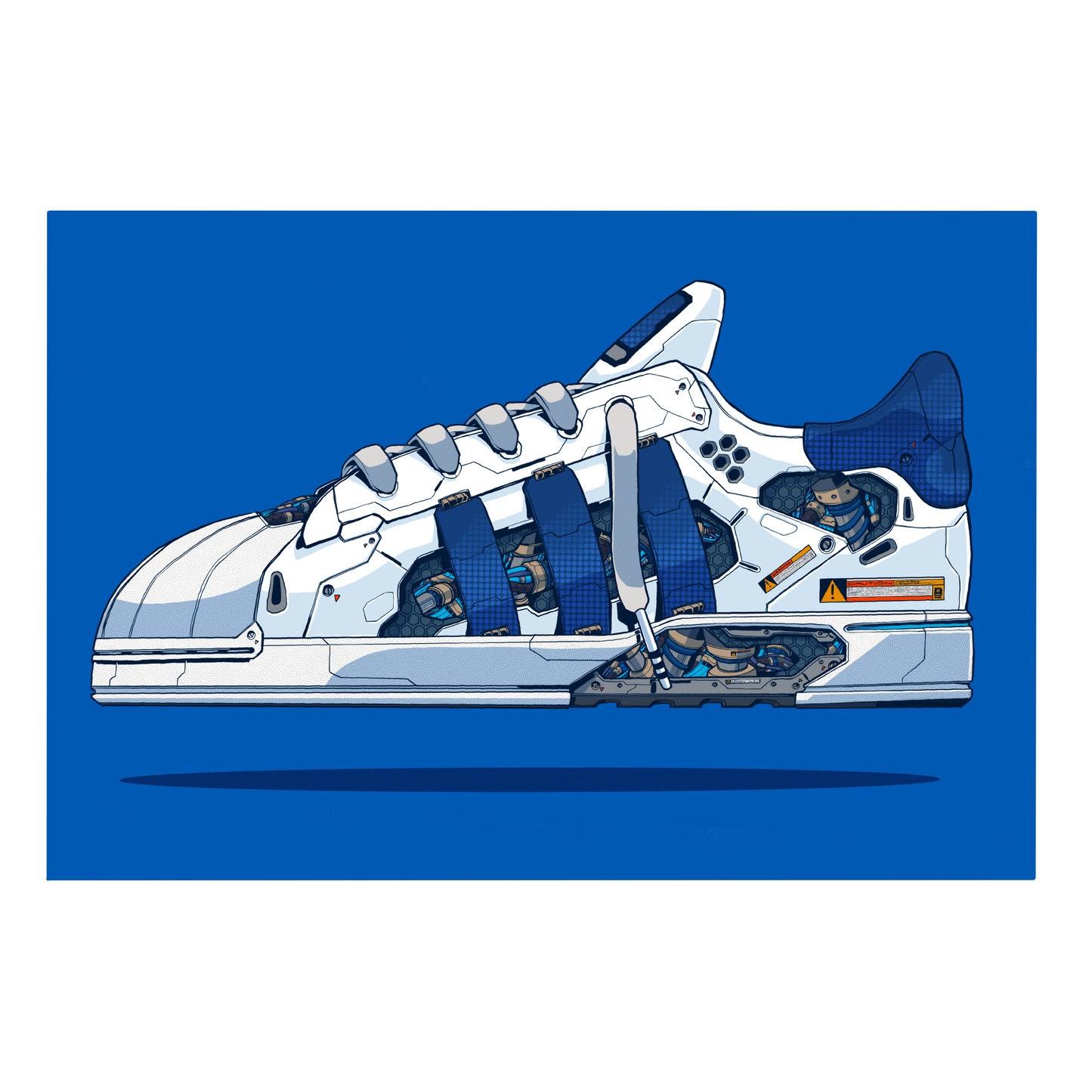Illustration of a white sneaker with blue accents on a blue background