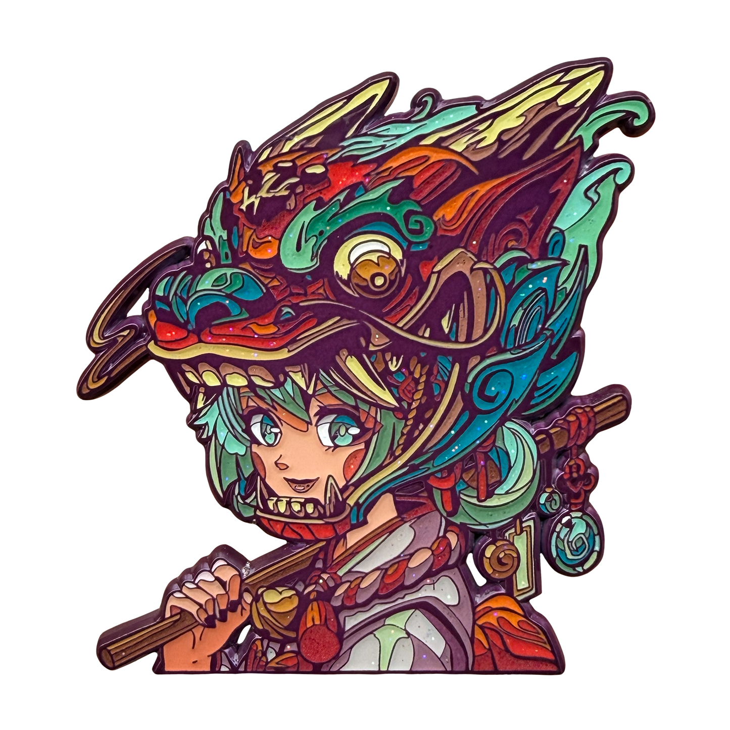 Colorful illustration of a character with dragon-like helmet and weapon on a white background