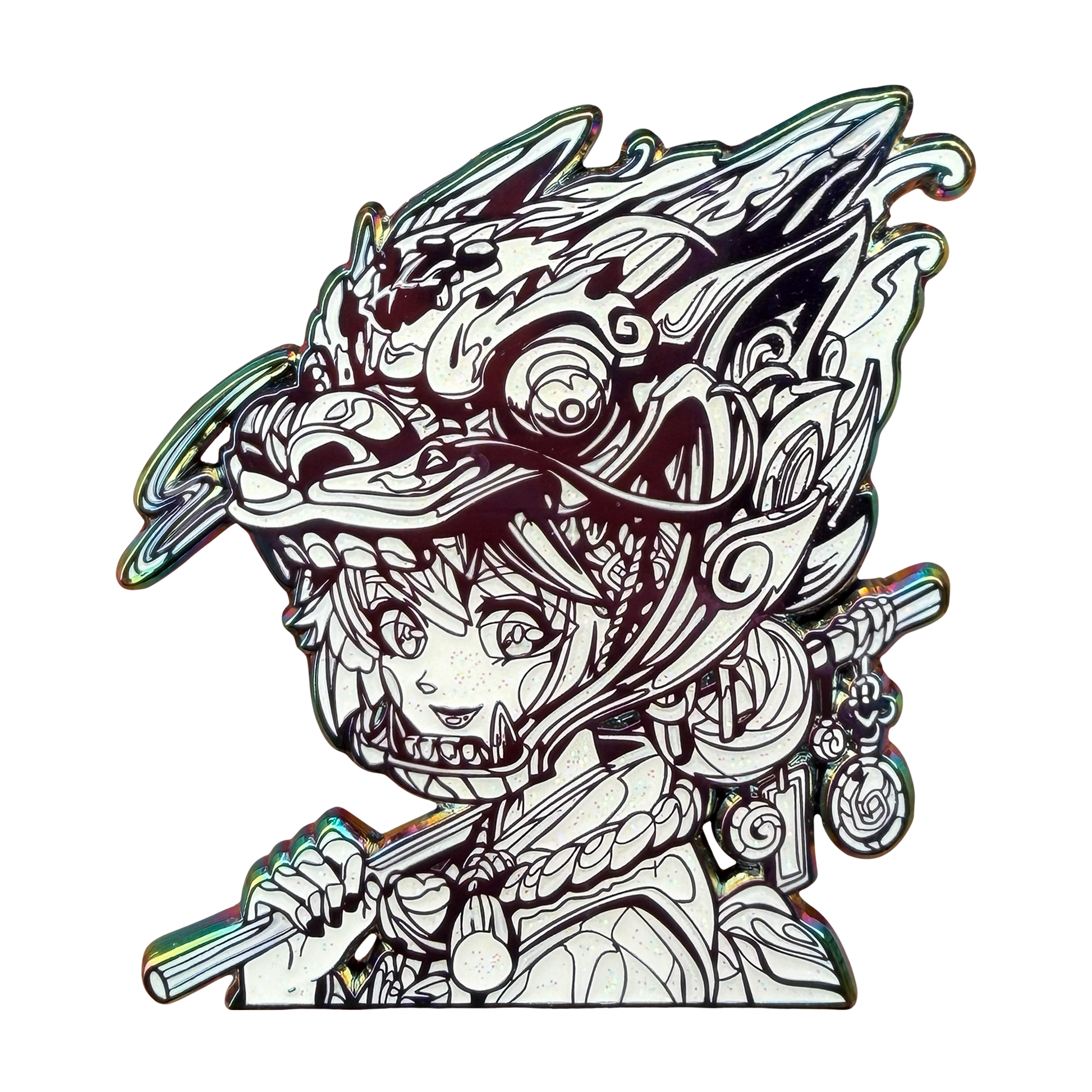 Stylized illustration of a character with intricate designs on a white background