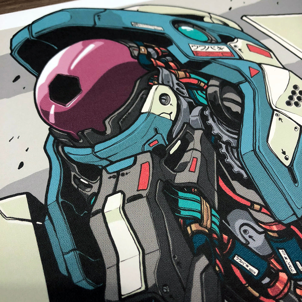 CLOGTWO Close-up of Mechasoul Eva Unit 00 art print showing detailed mechanical artwork and color finish