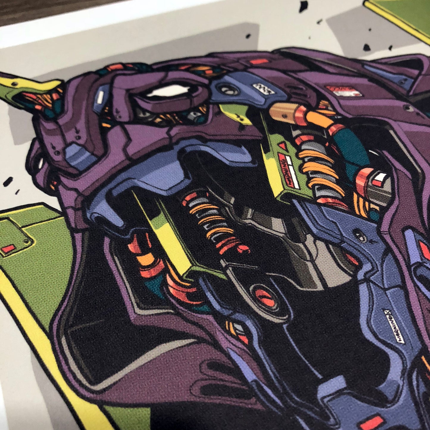 CLOGTWO Angled view of Mechasoul Eva Unit 01 collectible print highlighting texture and matte paper quality